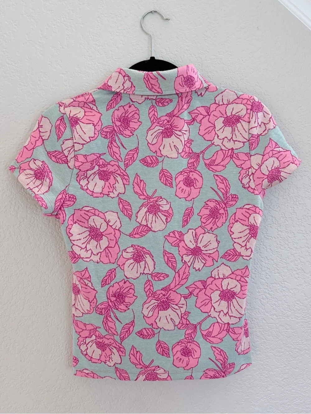Maeve by Anthropologie Floral Jacquard Zip-Up Polo Top | Pink & Mint | Size S - Picture 7 of 9